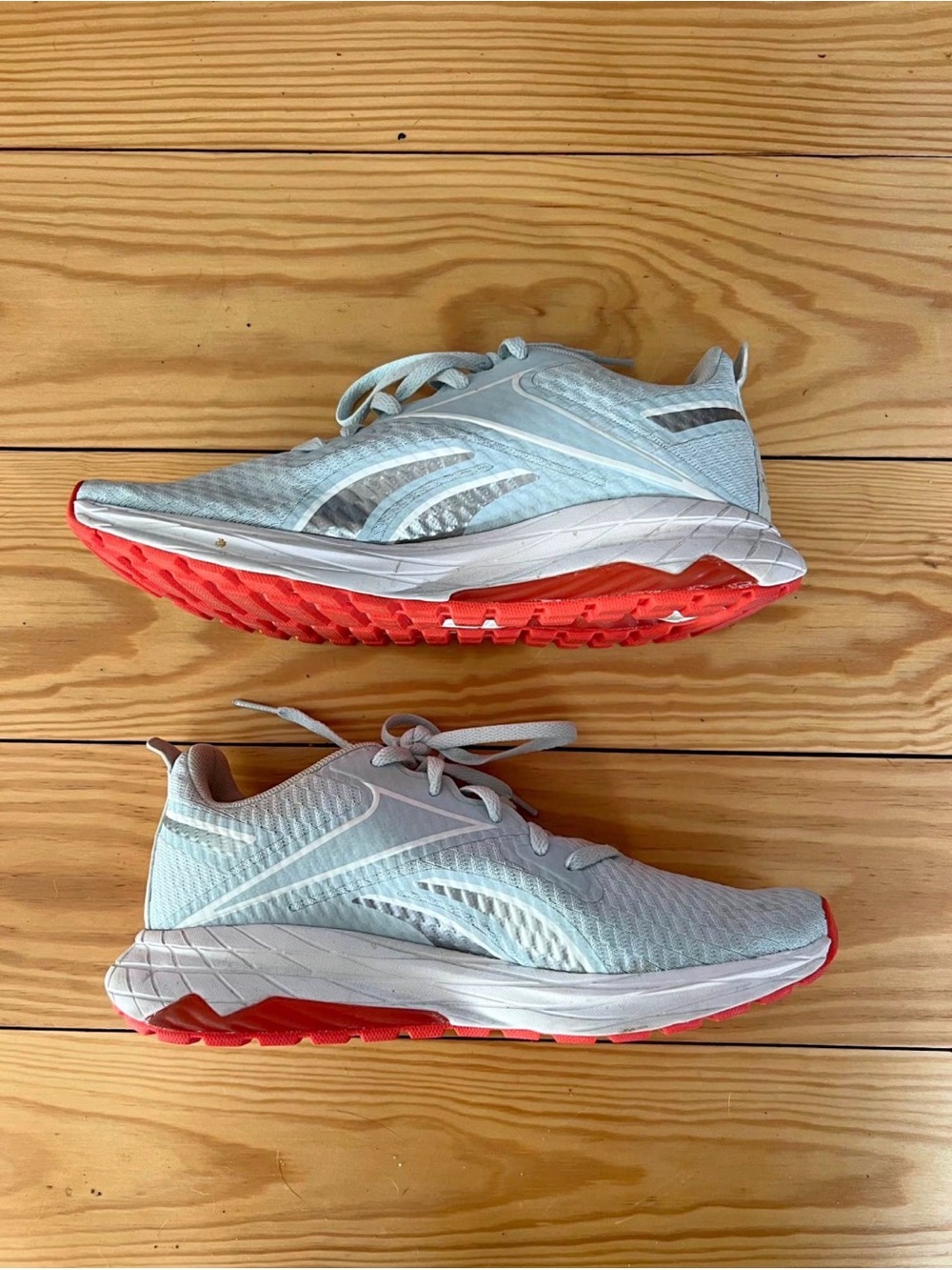 Light Blue Reebok liquefect Athletic Running Shoes with Coral Soles